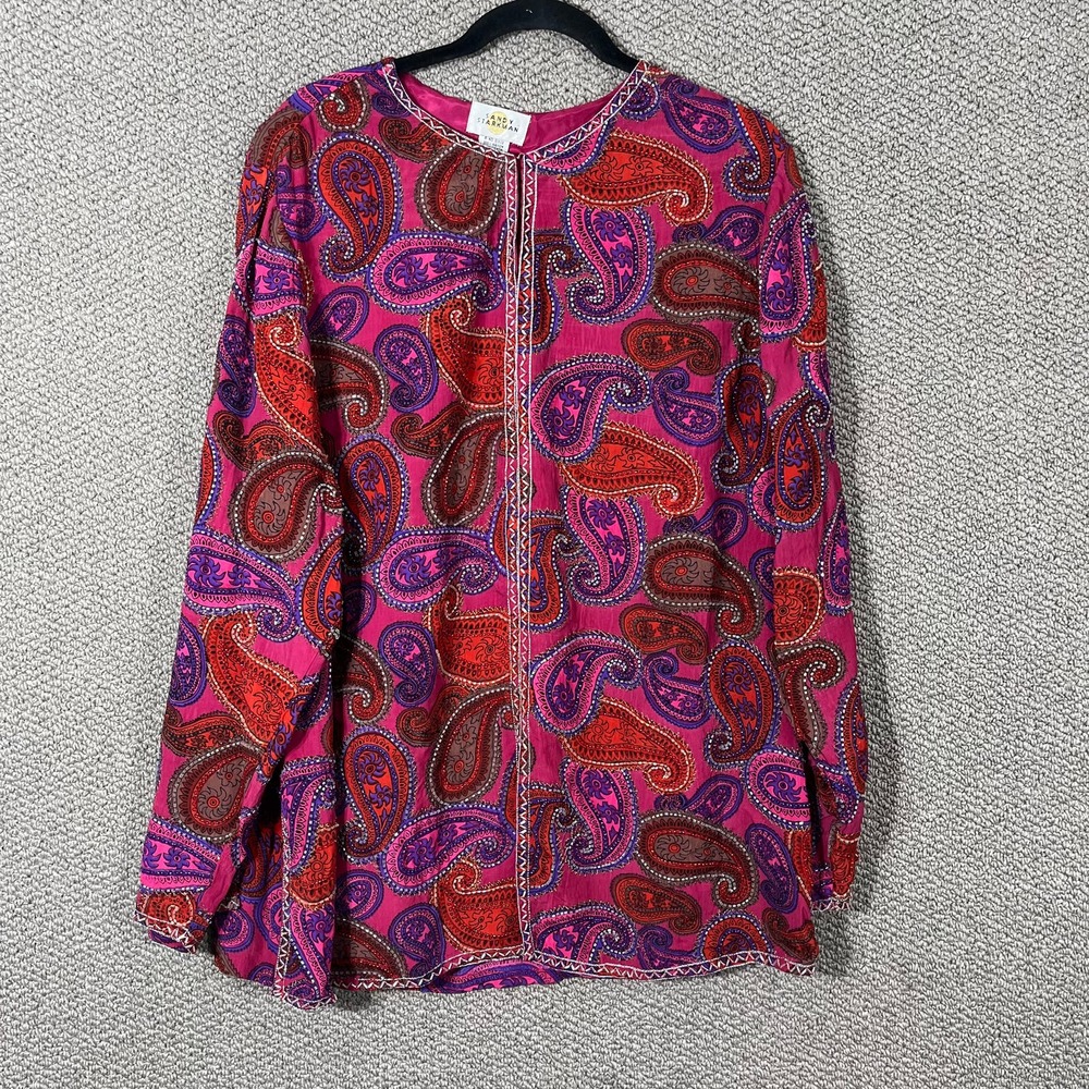 Sandy Starkman Tunic Blouse Womens Size 1X Pink Paisley Beaded Long Sleeves